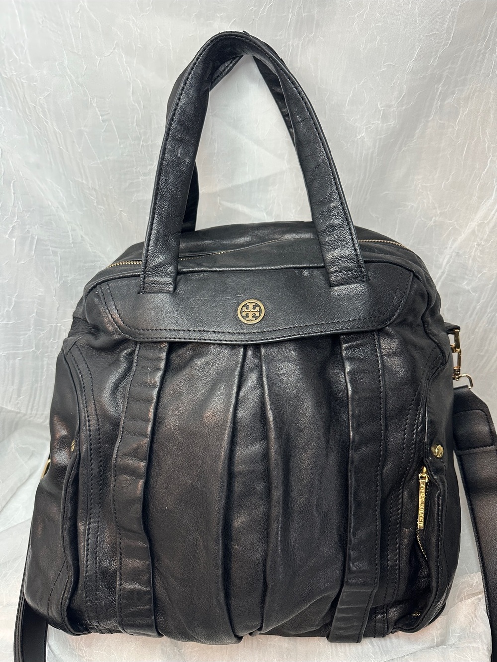 Tory Burch Black Leather Pleated Bag Tevin Box Satchel Crossbody